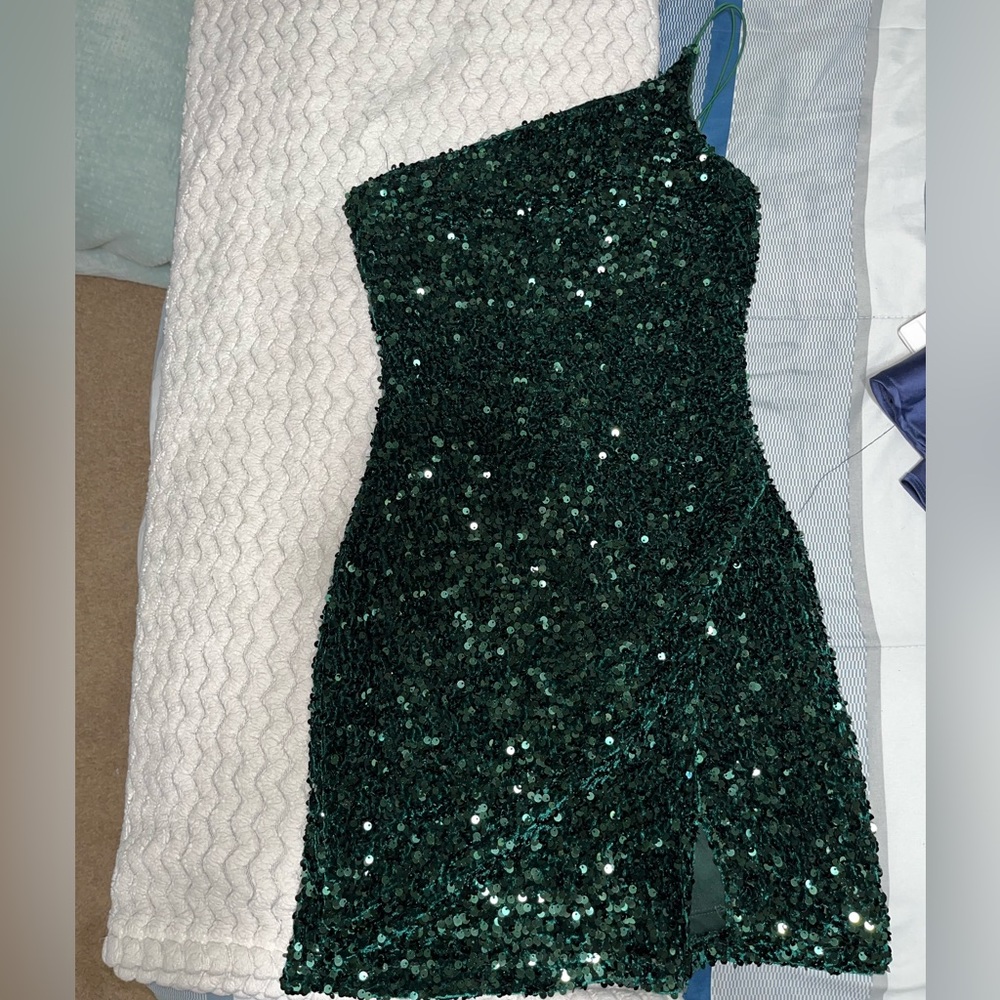 Midnight Doll • Homecoming Dress • Green Sequin • One shoulder • mini dress
